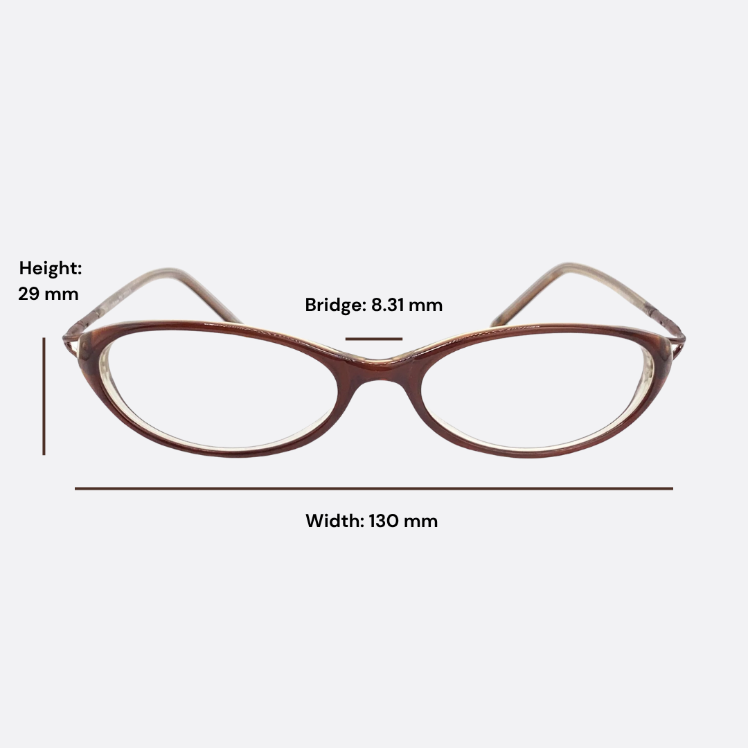 Front view of cat-eye eyeglasses with measurement labels showing height 29 mm, bridge 8.31 mm, and width 130 mm on a light gray background.
