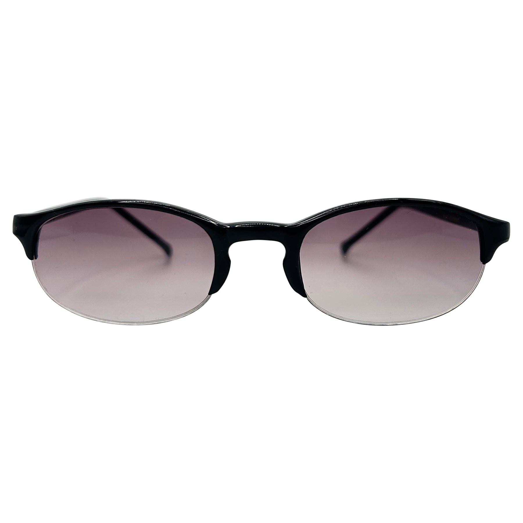 vintage 90s sunglasses with a smoke lens and gloss black round frame