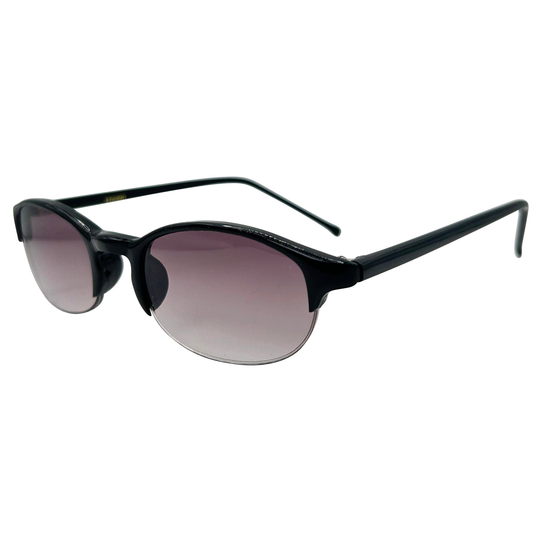 small round sunglasses with a smoke tinted lens and thin frame 