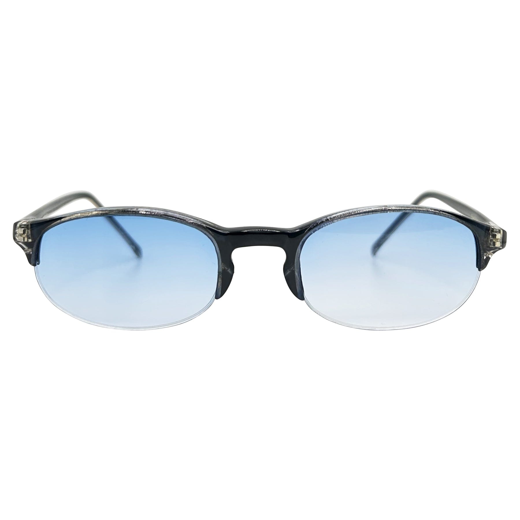blue lens colored sunglasses with a 90s style frame