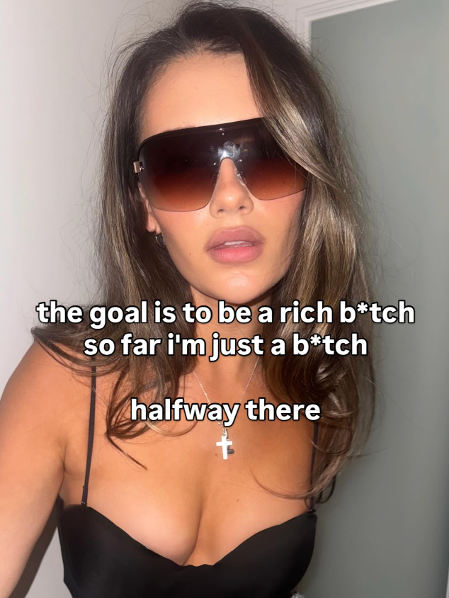 Person wearing sunglasses with text overlay on a plain background