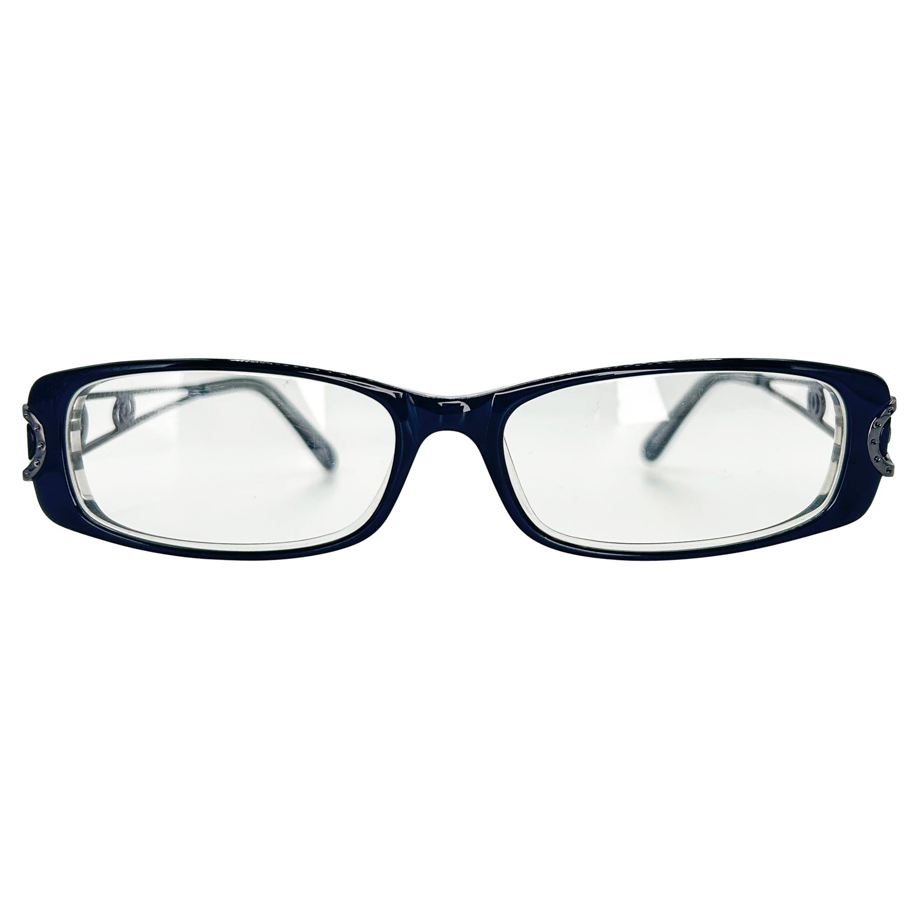 black clear square glasses with a 90s style frame