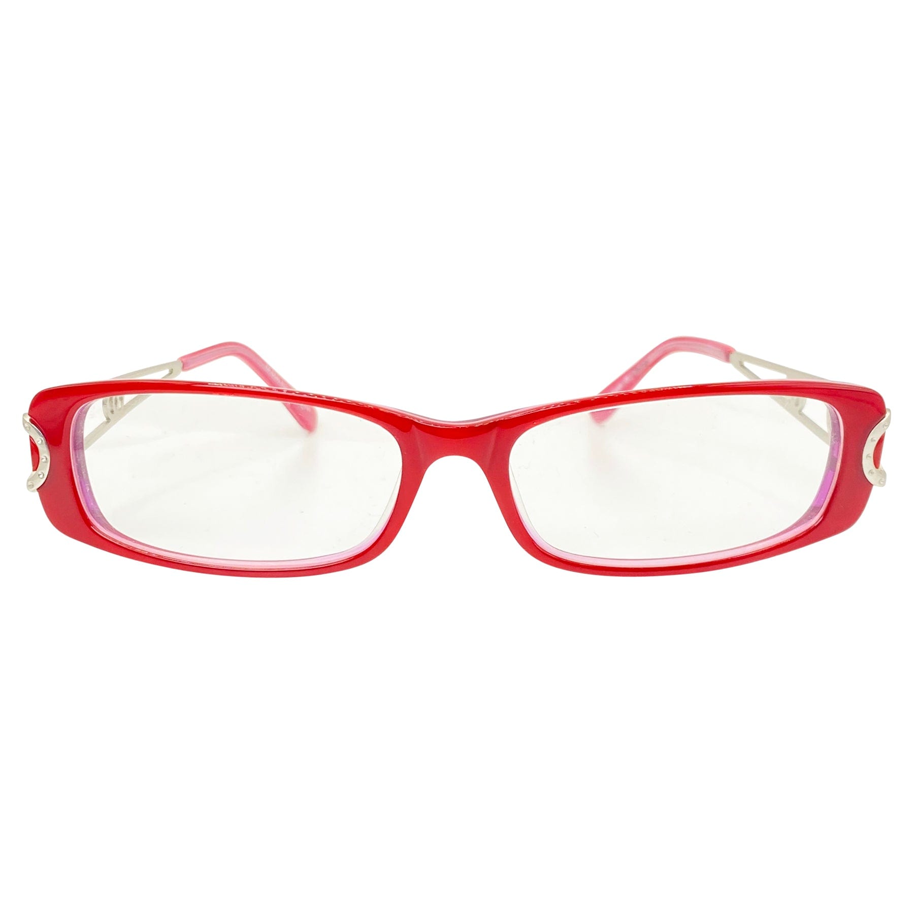 clear fashion glasses with a cherry bayonetta style frame