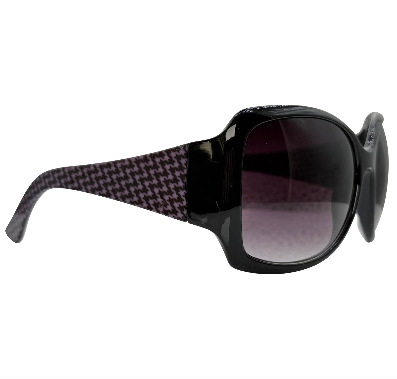 A pair of OXFORD sunglasses featuring a glossy black frame and a patterned acetate temple arm with a black and purple houndstooth design, shown against a plain white background.
