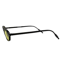 Side view of LOCO 90's vintage sunglasses featuring a slim, glossy black rectangular frame with yellow tinted lenses for a classic retro aesthetic.