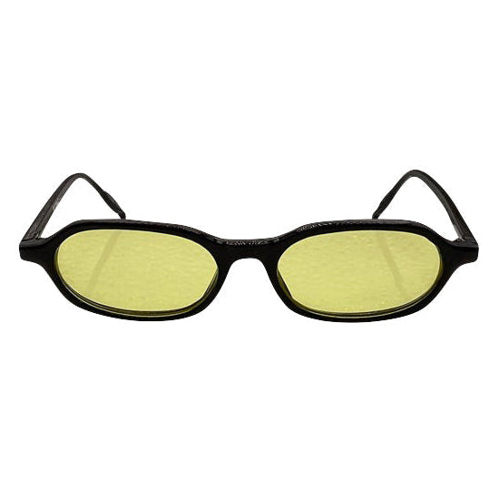 Front view of LOCO 90's vintage sunglasses featuring a slim, glossy black rectangular frame with yellow tinted lenses for a classic retro aesthetic.
