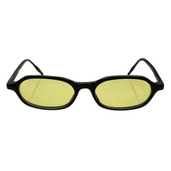 Front view of LOCO 90's vintage sunglasses featuring a slim, glossy black rectangular frame with yellow tinted lenses for a classic retro aesthetic.
