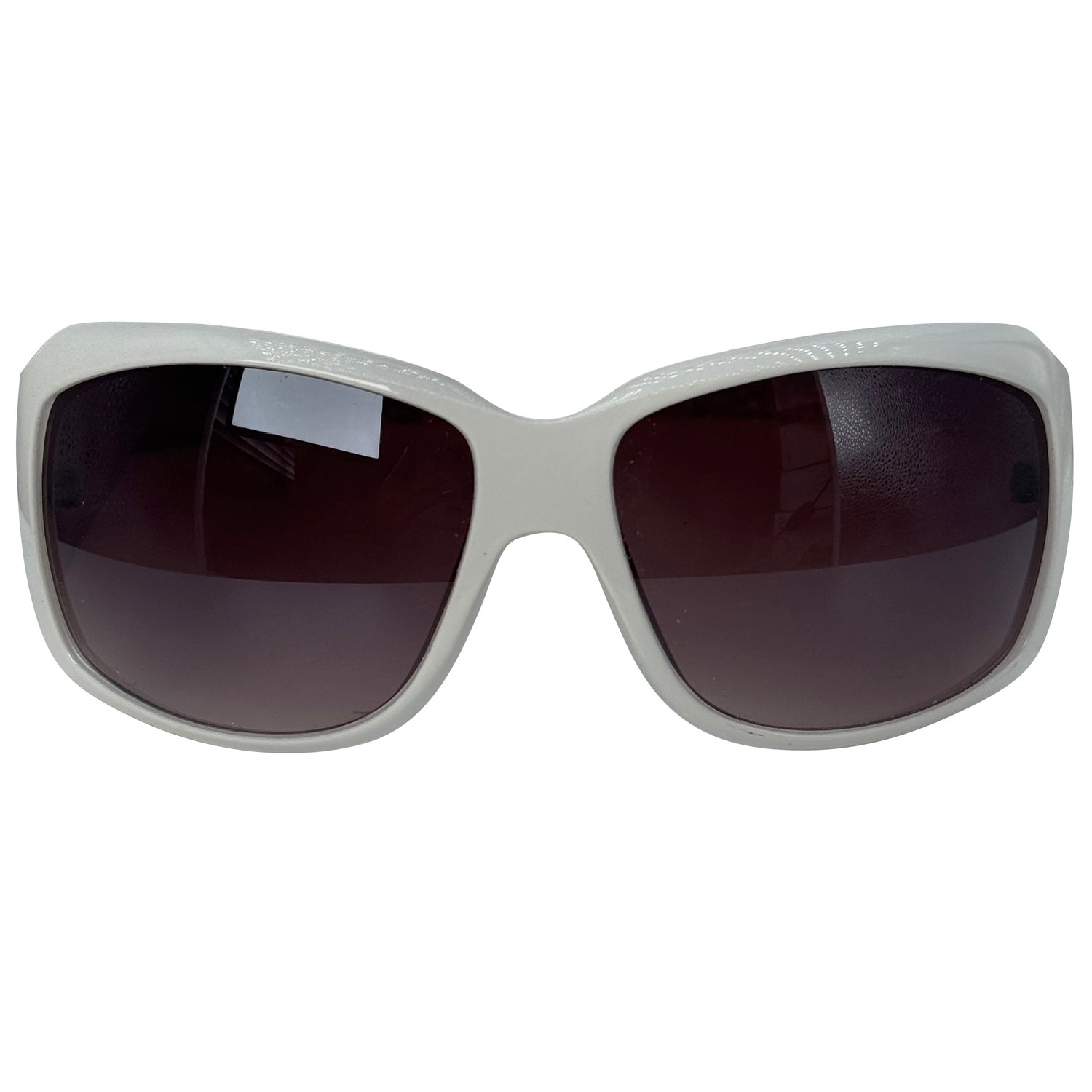 A pair of oversized square sunglasses with a thick, matte light gray frame and dark brown tinted lenses, shown against a plain white background.