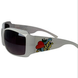 White wrap-around sunglasses with dark tinted lenses and a colorful tattoo-style graphic on the side, shown against a plain white background.