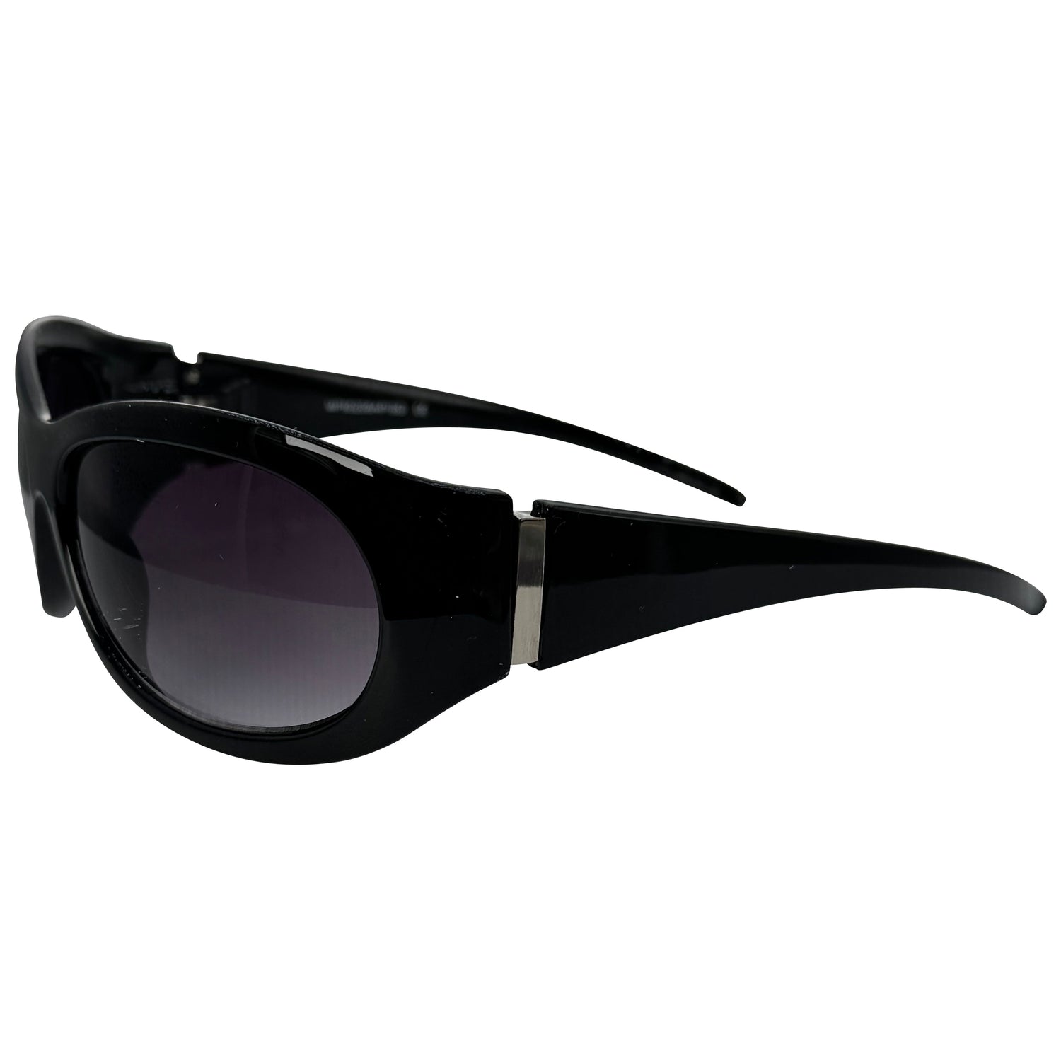 Black wrap-around sunglasses with dark tinted lenses and a small silver metal accent on the temple, shown on a plain white background.