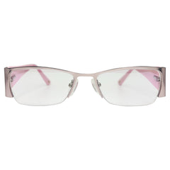 pink metal colored glasses with an iridescent lens and 90s bayonetta-style frame