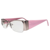 vintage glasses with a clear iridescent lens and pink metal frame