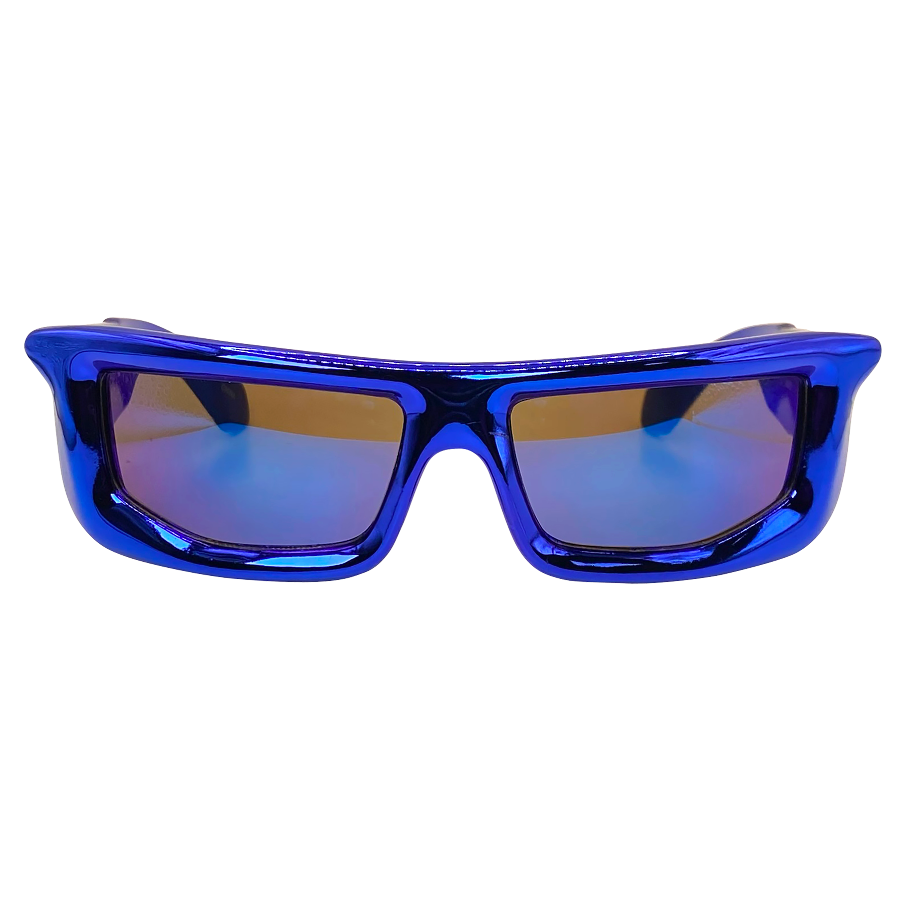 oversized glasses with unique blue chrome style frame and RV lens