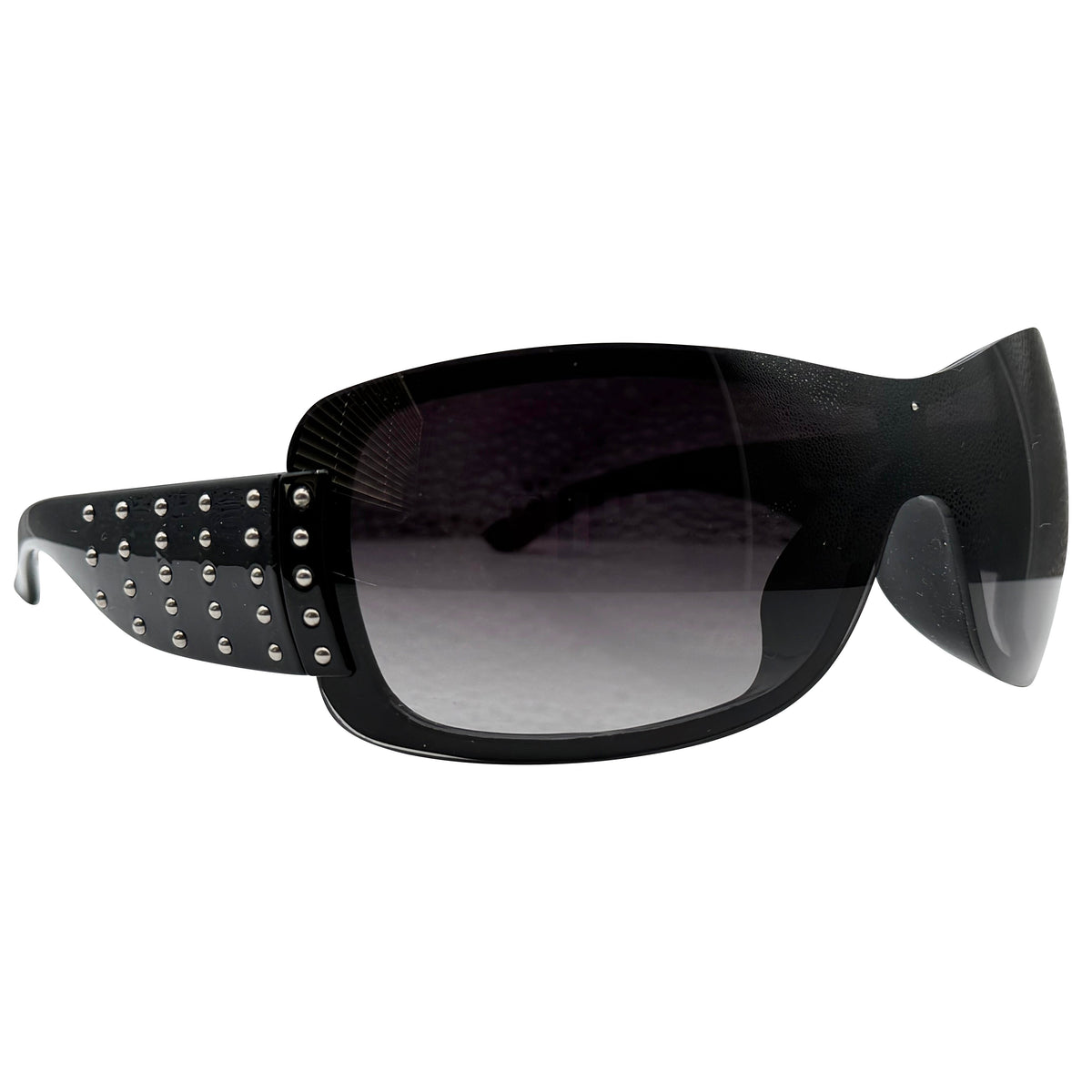 Black HANNAH wrap-around sunglasses with dark tinted lenses and silver rhinestone embellishments on the temple arms, shown on a plain white background.