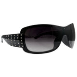 Black HANNAH wrap-around sunglasses with dark tinted lenses and silver rhinestone embellishments on the temple arms, shown on a plain white background.