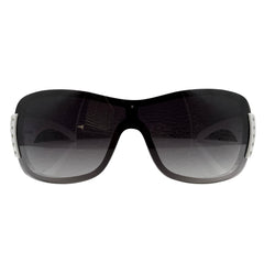 A pair of HANNAH oversized shield-style sunglasses with a glossy black frame and dark gray gradient lenses, shown against a plain white background.