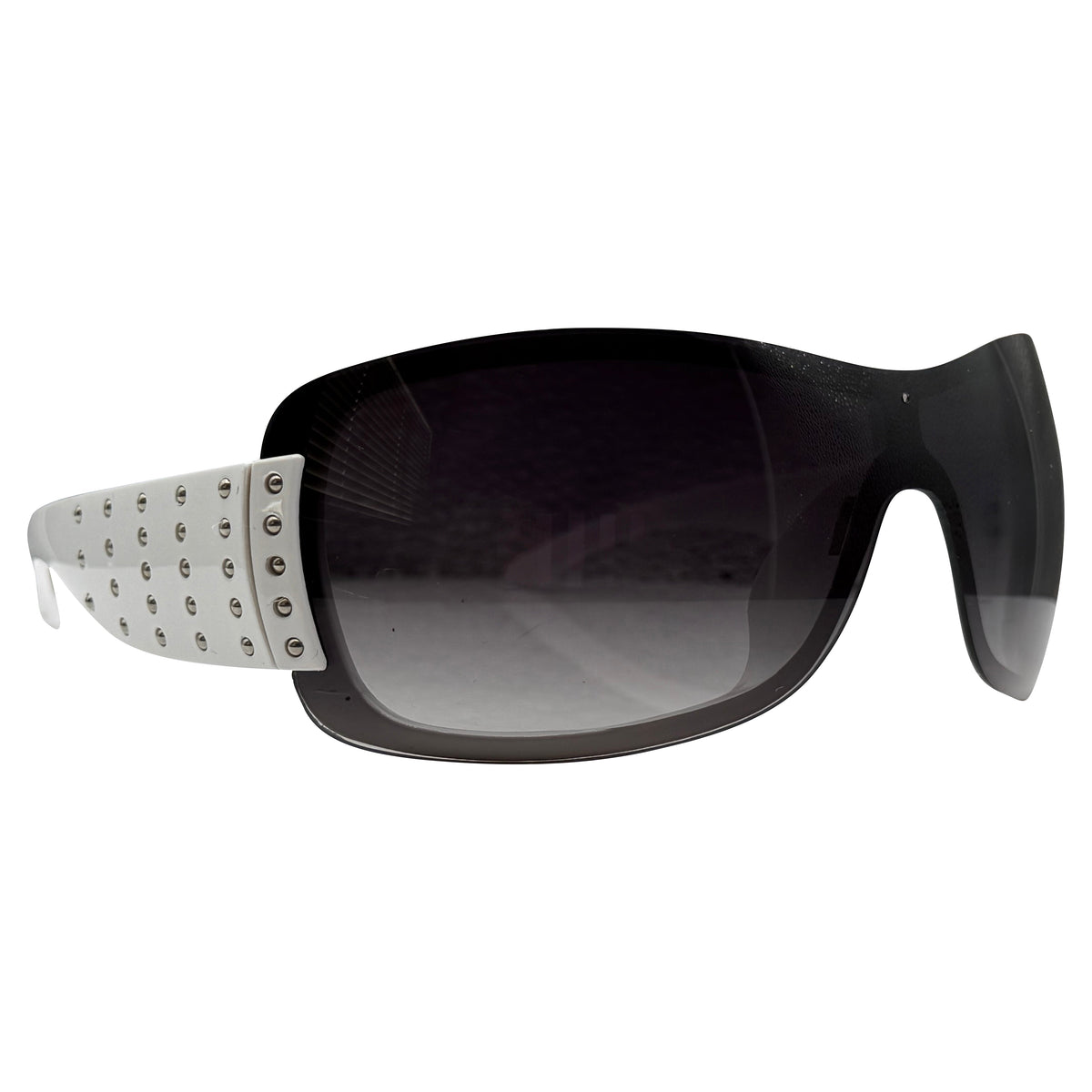 A pair of HANNAH wrap-around sunglasses with dark gray gradient lenses, a black frame, and a silver metal temple decorated with small metallic studs, shown against a plain white background.