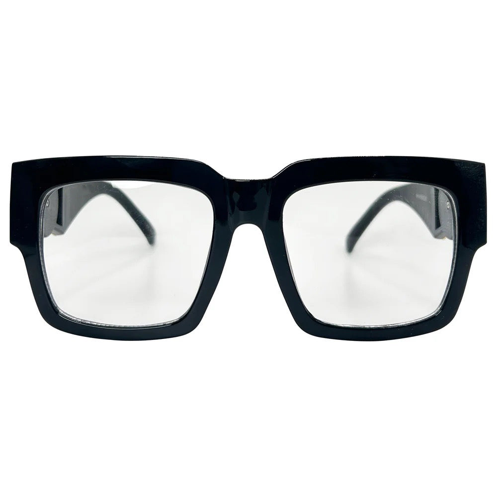 black color glasses with a gold temple embellishment and clear lens
