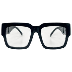 black color glasses with a gold temple embellishment and clear lens