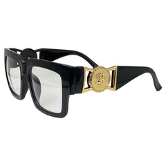 huge chunky square glasses with a clear lens and gold embellishment for a vintage look