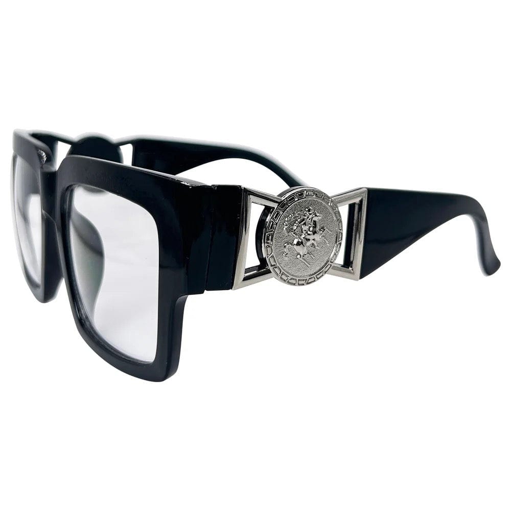 big chunky black and silver glasses with a clear lens