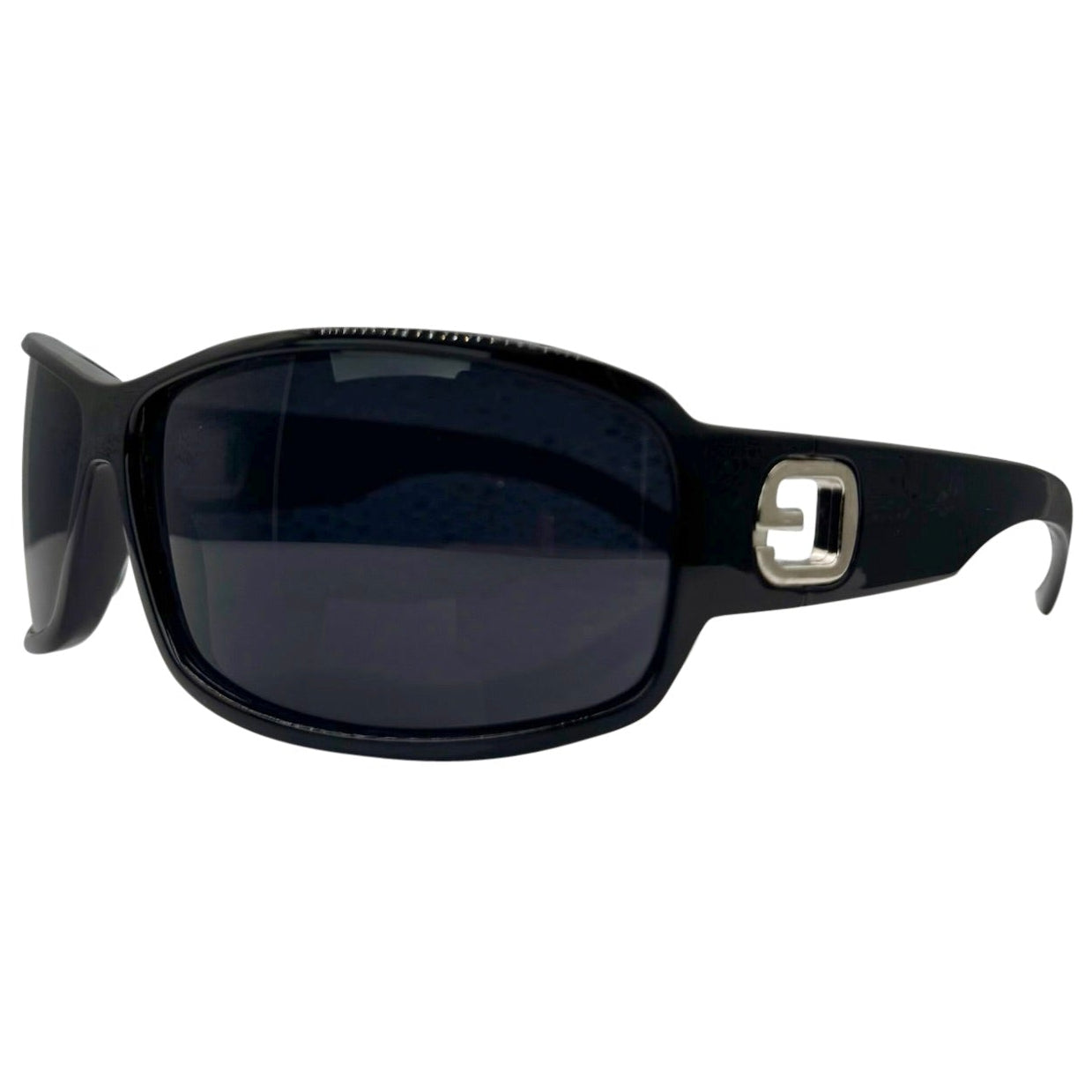 Side view of MYSTERY Shield Sunglasses in Black, highlighting the thick, ergonomic temple design and the integrated silver-tone square metal hardware at the hinge.