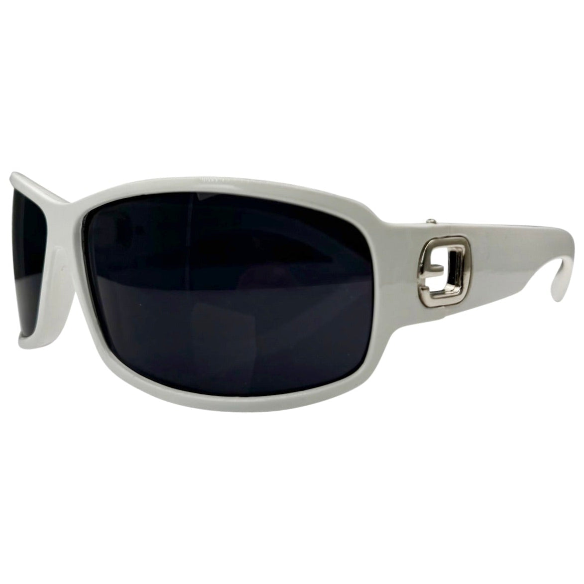 Side profile of MYSTERY Shield Sunglasses in White, emphasizing the sleek aerodynamic curve of the frame and the metallic accent on the temple.