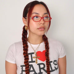Model wearing cherry pop Silver clear bayonetta glasses frame
