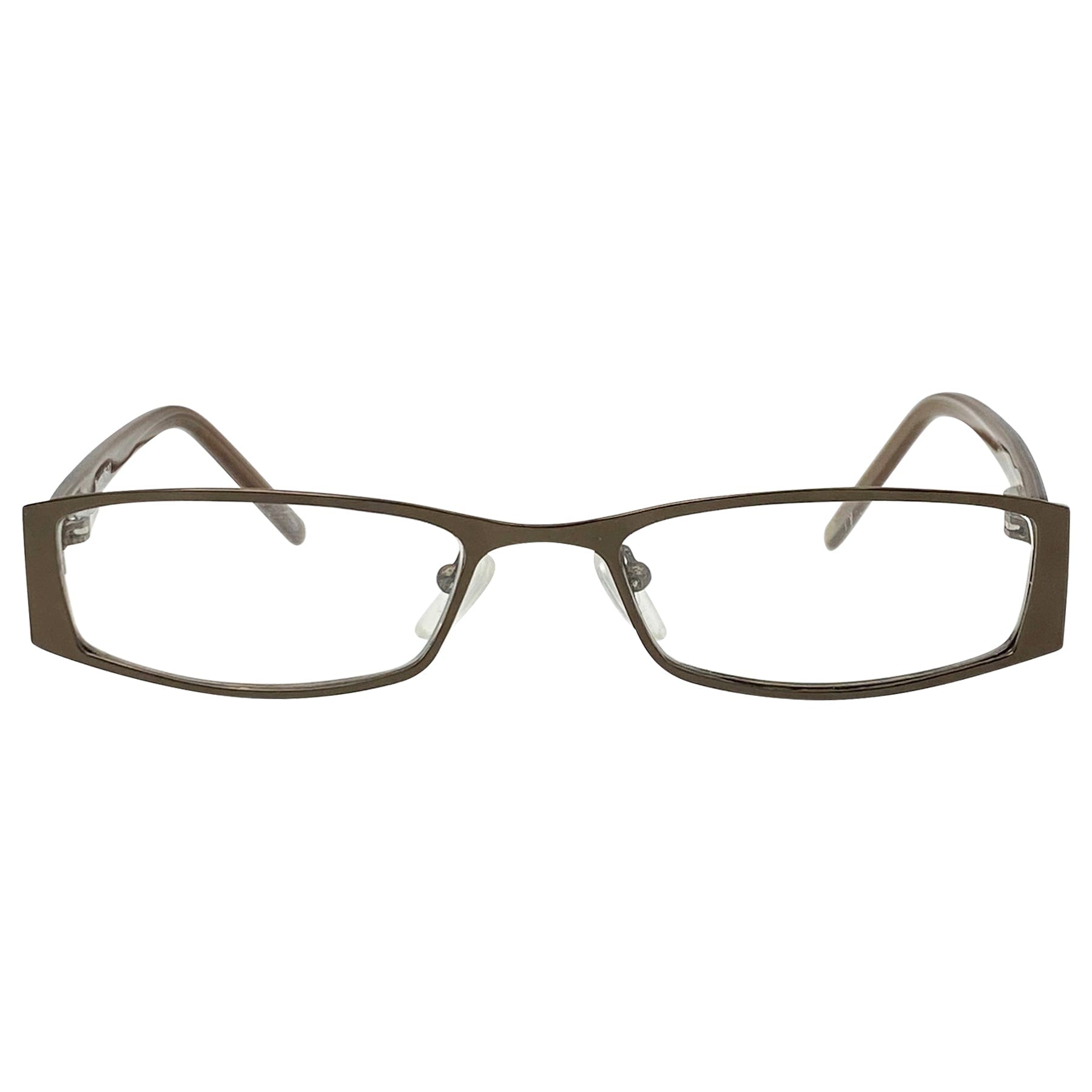 clear fashion glasses with a copper metal frame and a rectangular style