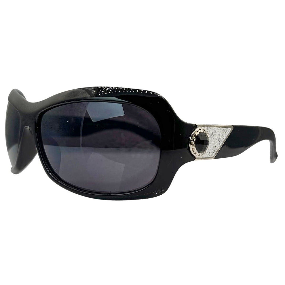 Side profile of NICOLE Shield Sunglasses in black, showing the thick, contoured temples and the wrap-around frame design.