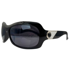 Side profile of NICOLE Shield Sunglasses in black, showing the thick, contoured temples and the wrap-around frame design.