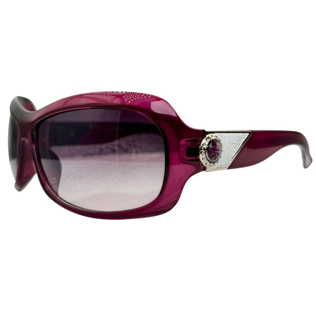 Side profile of the Purple NICOLE sunglasses, showcasing the aerodynamic curve and comfortable wide temples.