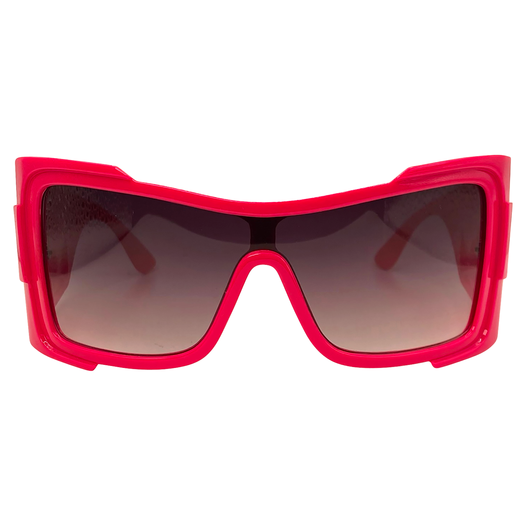colored sunglasses with a hot pink oversized shield style with smoke lens
