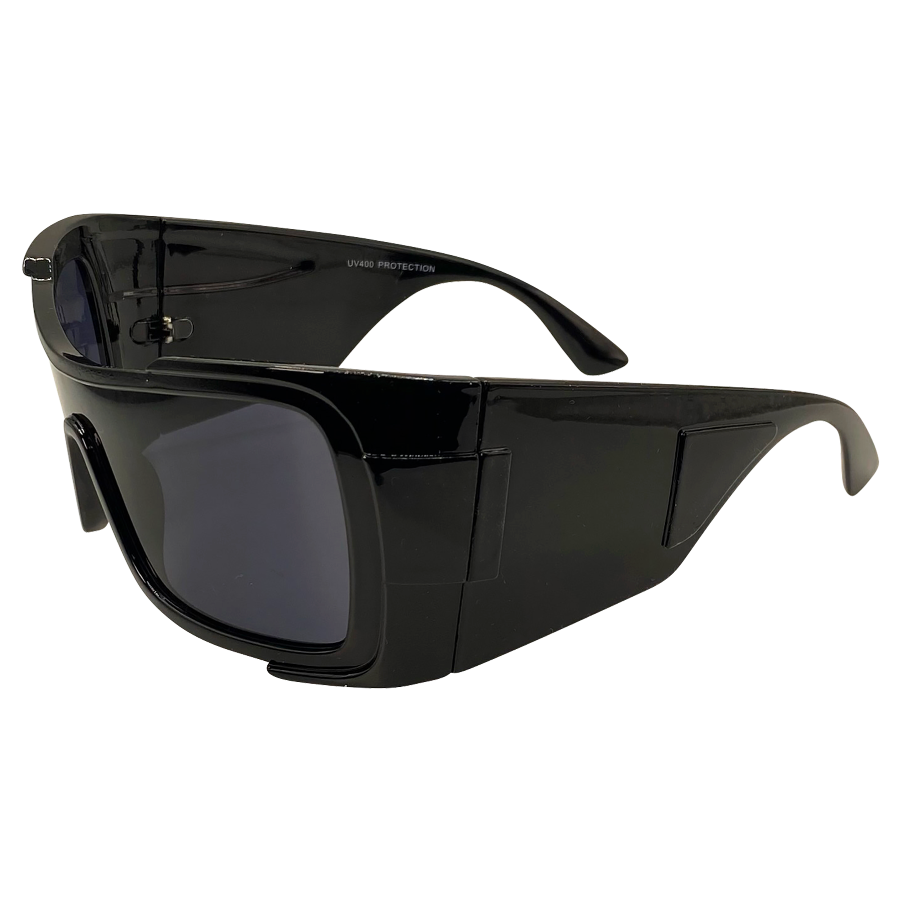 big sunglasses with a glass black wrap around style frame, with super dark lens