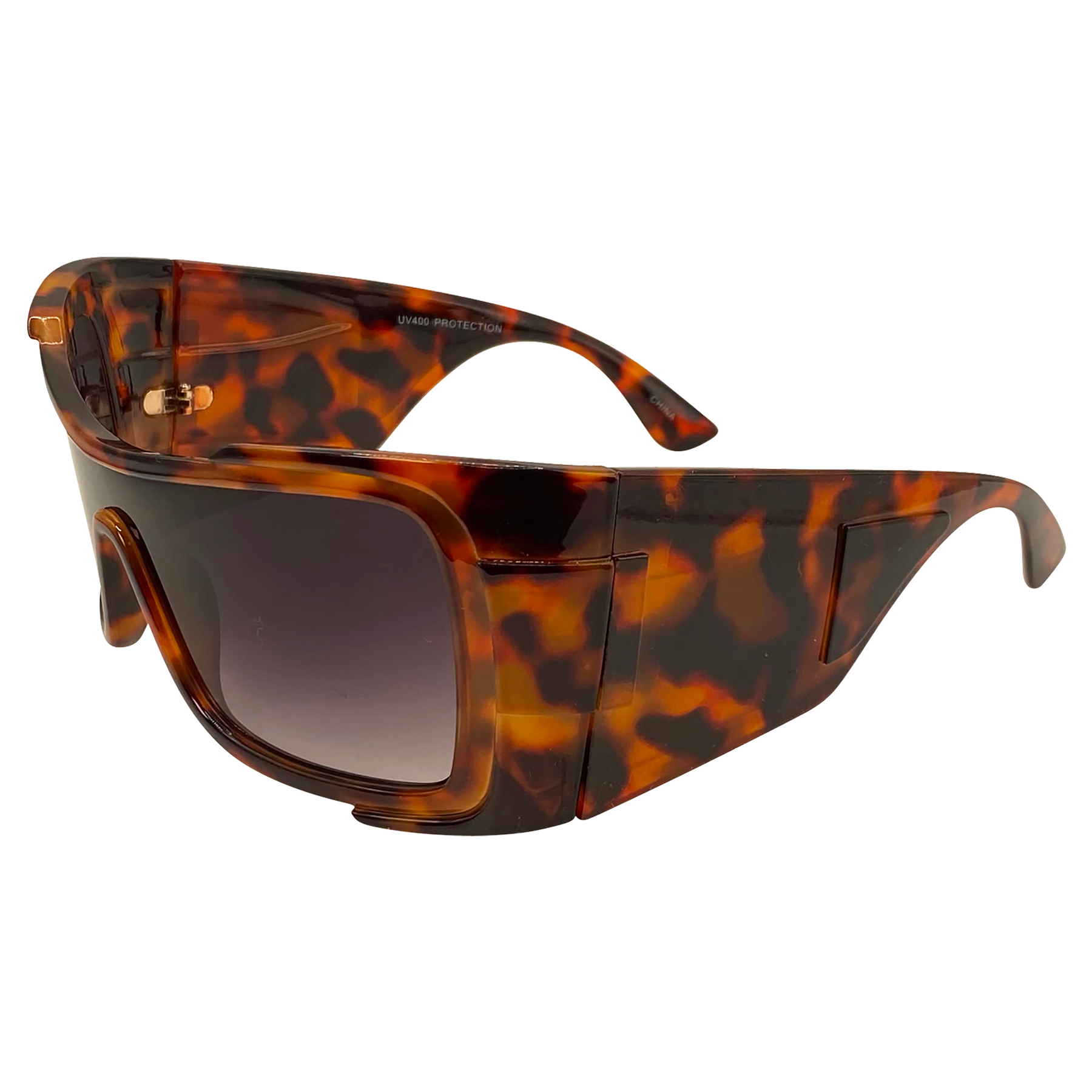 tortoise sunglasses with a oversized wraparound style frame and smoke lens