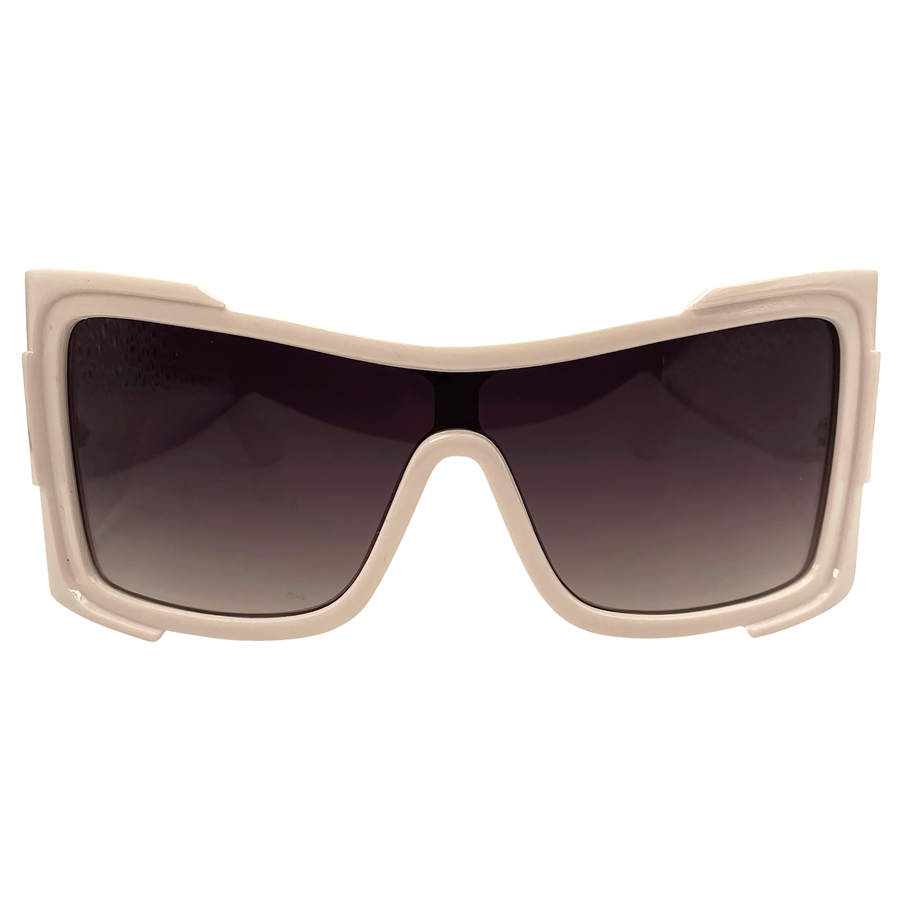 futuristic sunglasses with smoke lens and white oversized shield style