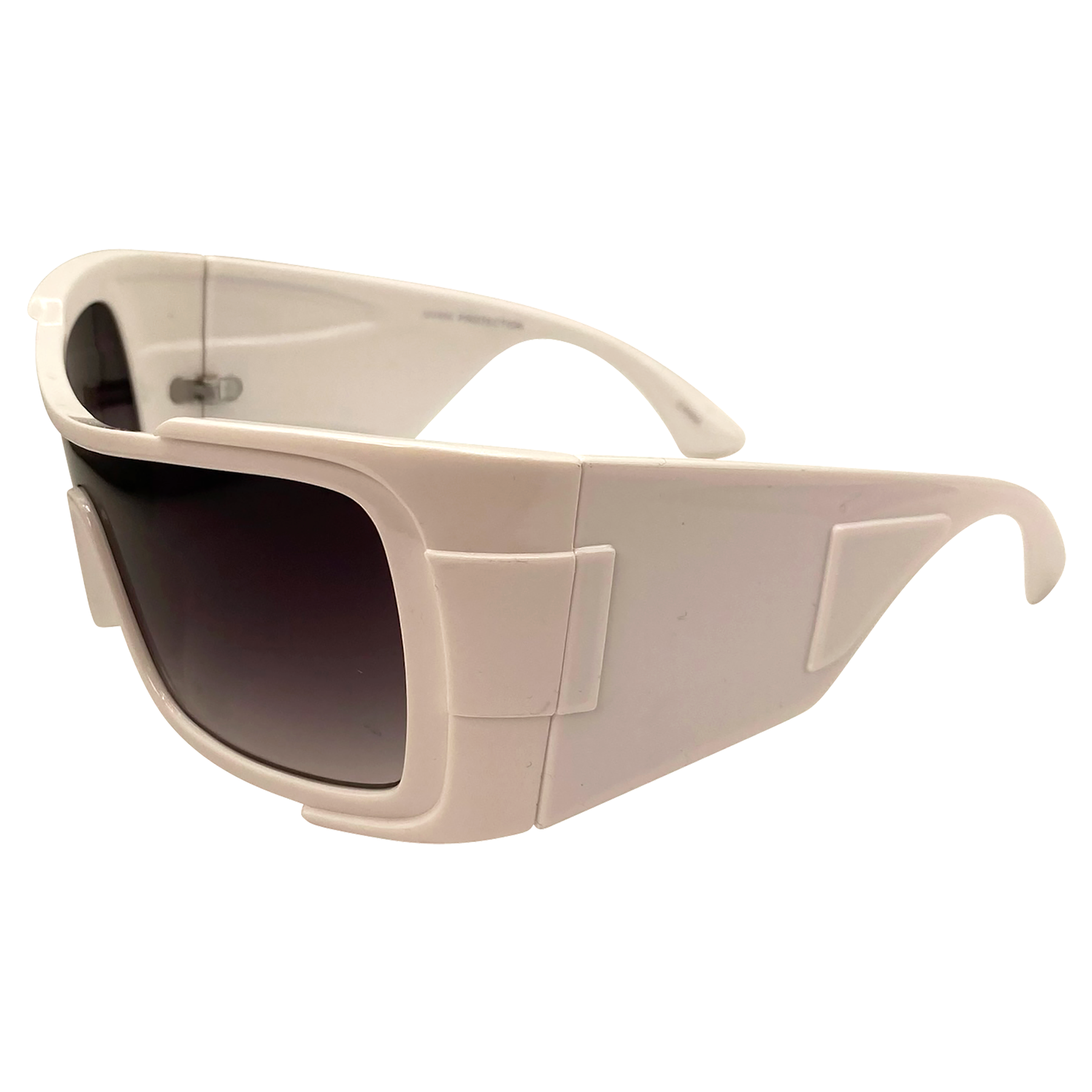 unique sunglasses with a wraparound futuristic shield frame with smoke lens