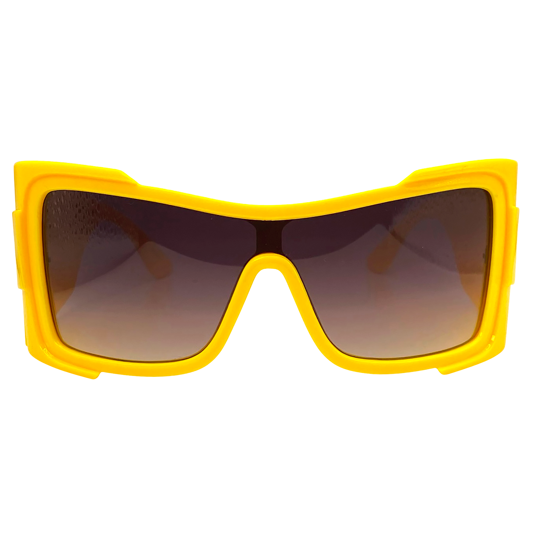 marigold yellow sunglasses with a smoke lens and a oversized square style frame