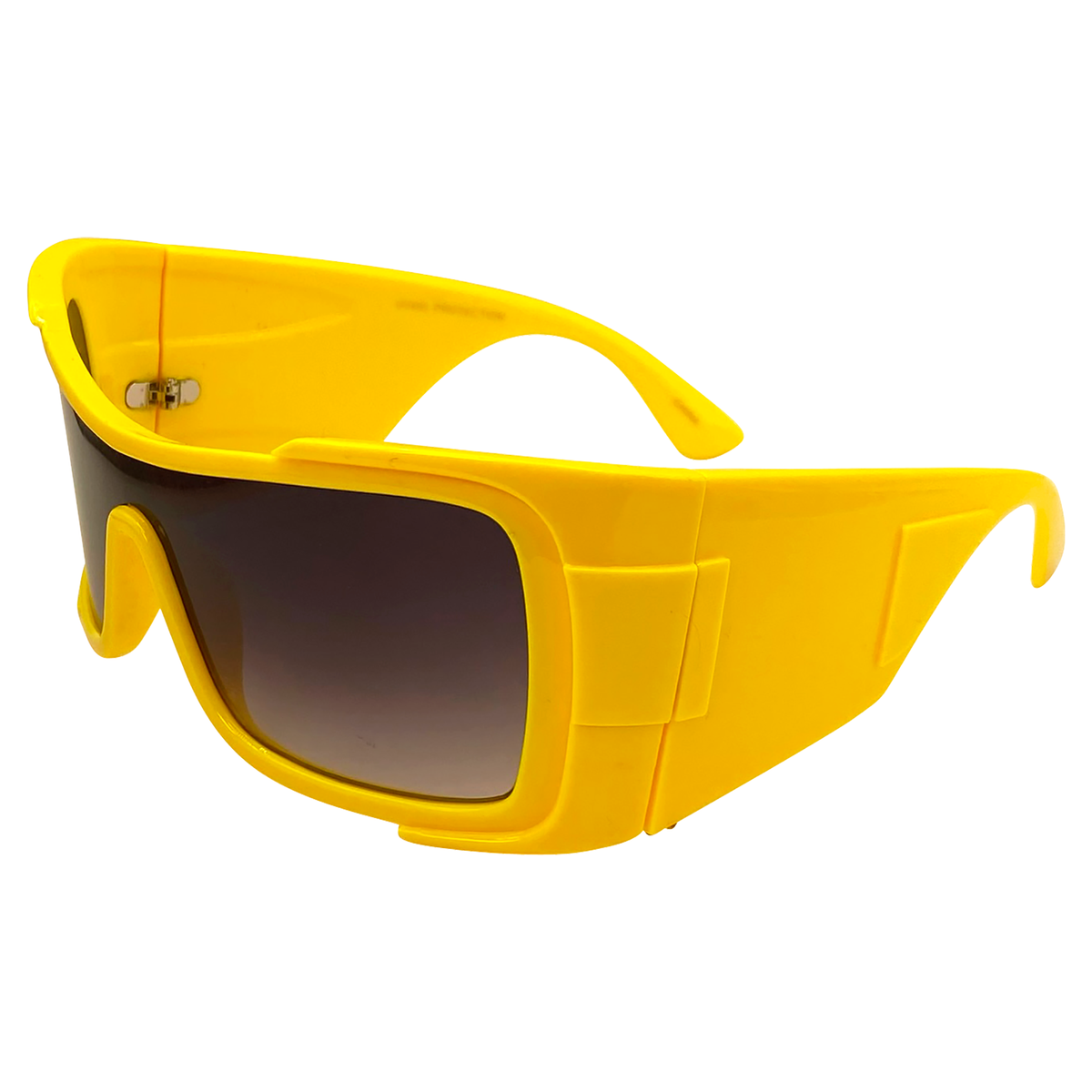 colored glasses with a oversized shield style frame and smoke lens