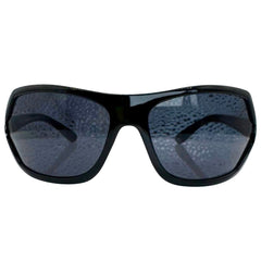 Modern front view of Black EXOTIC Shield sunglasses with a bold, polished black frame and dark gradient lenses, showcasing an edgy aesthetic.