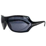 Modern side view of Black EXOTIC Shield sunglasses with a bold, polished black frame and dark gradient lenses, showcasing an edgy aesthetic.
