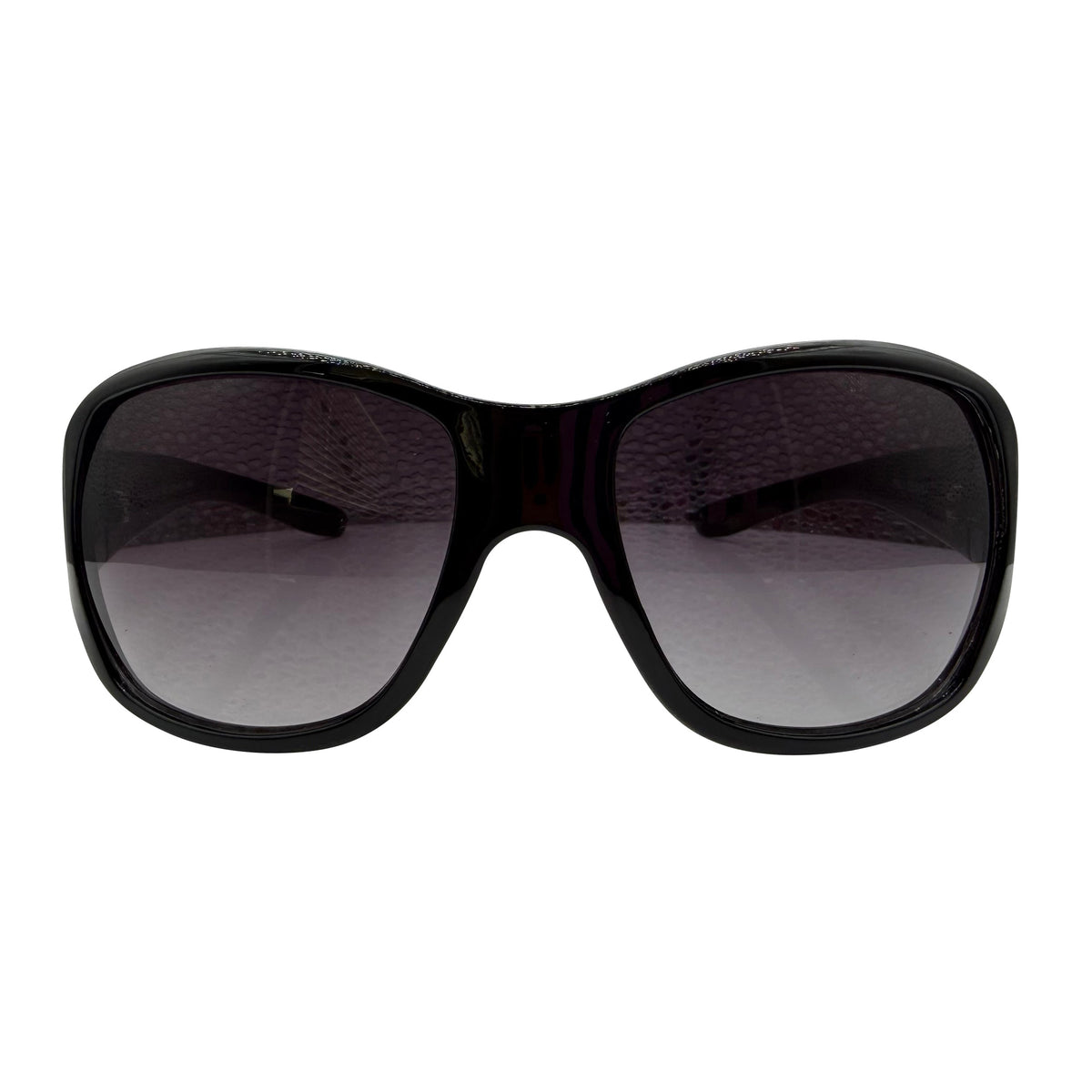 A pair of GLITZ AND GLAM oversized black sunglasses with gradient gray lenses, shown from the front on a solid white background.