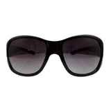 A pair of GLITZ AND GLAM oversized black sunglasses with gradient gray lenses, shown from the front on a solid white background.