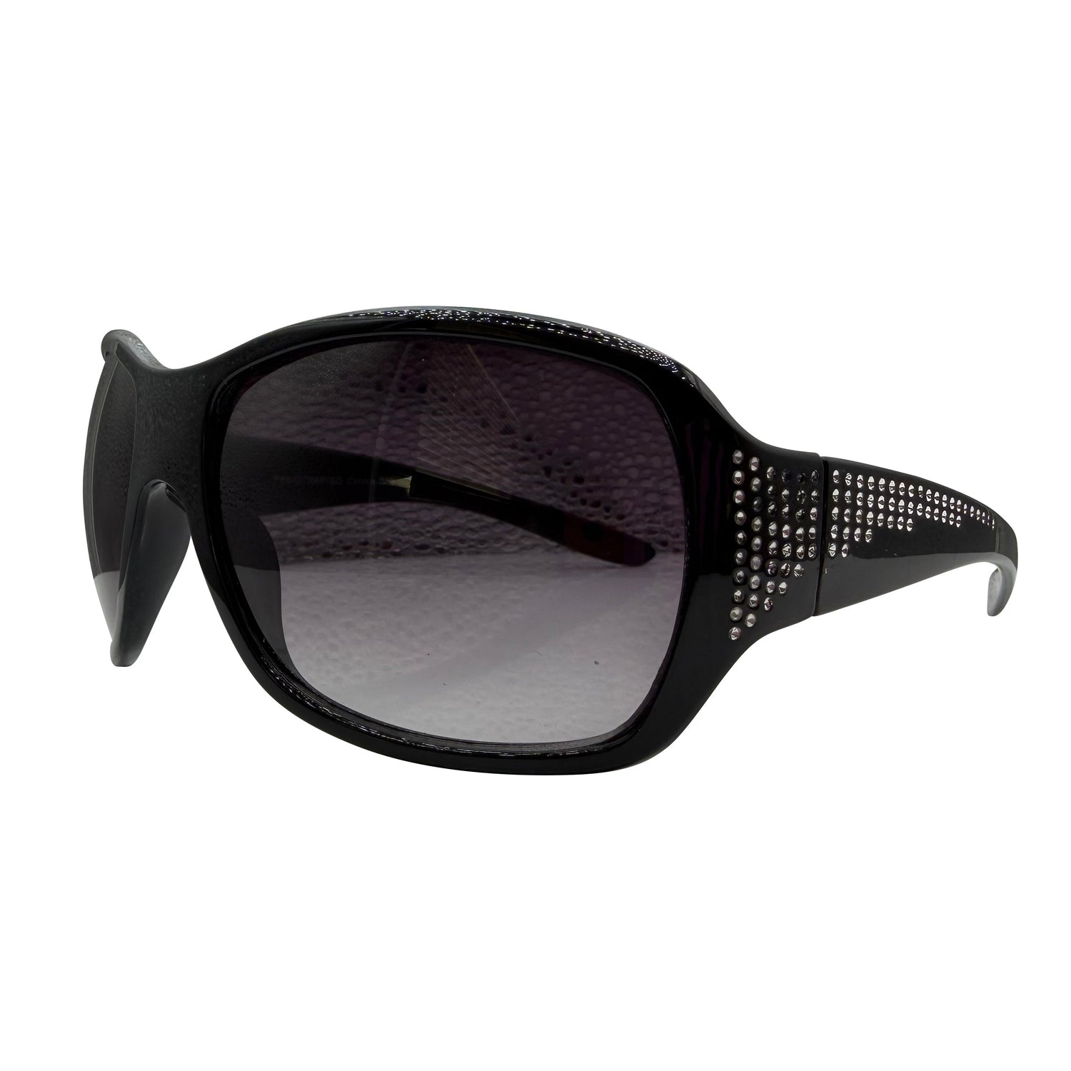 GLITZ AND GLAM wrap-around sunglasses with dark-tinted lenses and a row of silver rhinestones along the outer frame temples, shown on a plain white background.