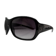 GLITZ AND GLAM wrap-around sunglasses with dark-tinted lenses and a row of silver rhinestones along the outer frame temples, shown on a plain white background.