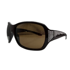 GLITZ AND GLAM wrap-around sunglasses with brown tinted lenses and perforated side temple details, shown on a plain white background.