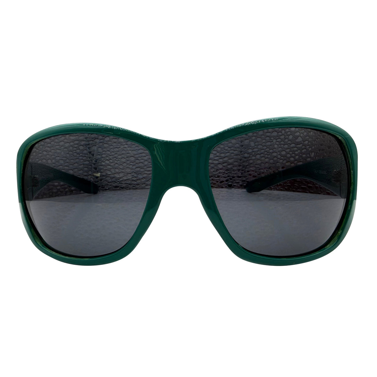 A pair of GLITZ AND GLAM oversized square sunglasses with a dark green frame and dark gray lenses, shown against a plain white background.