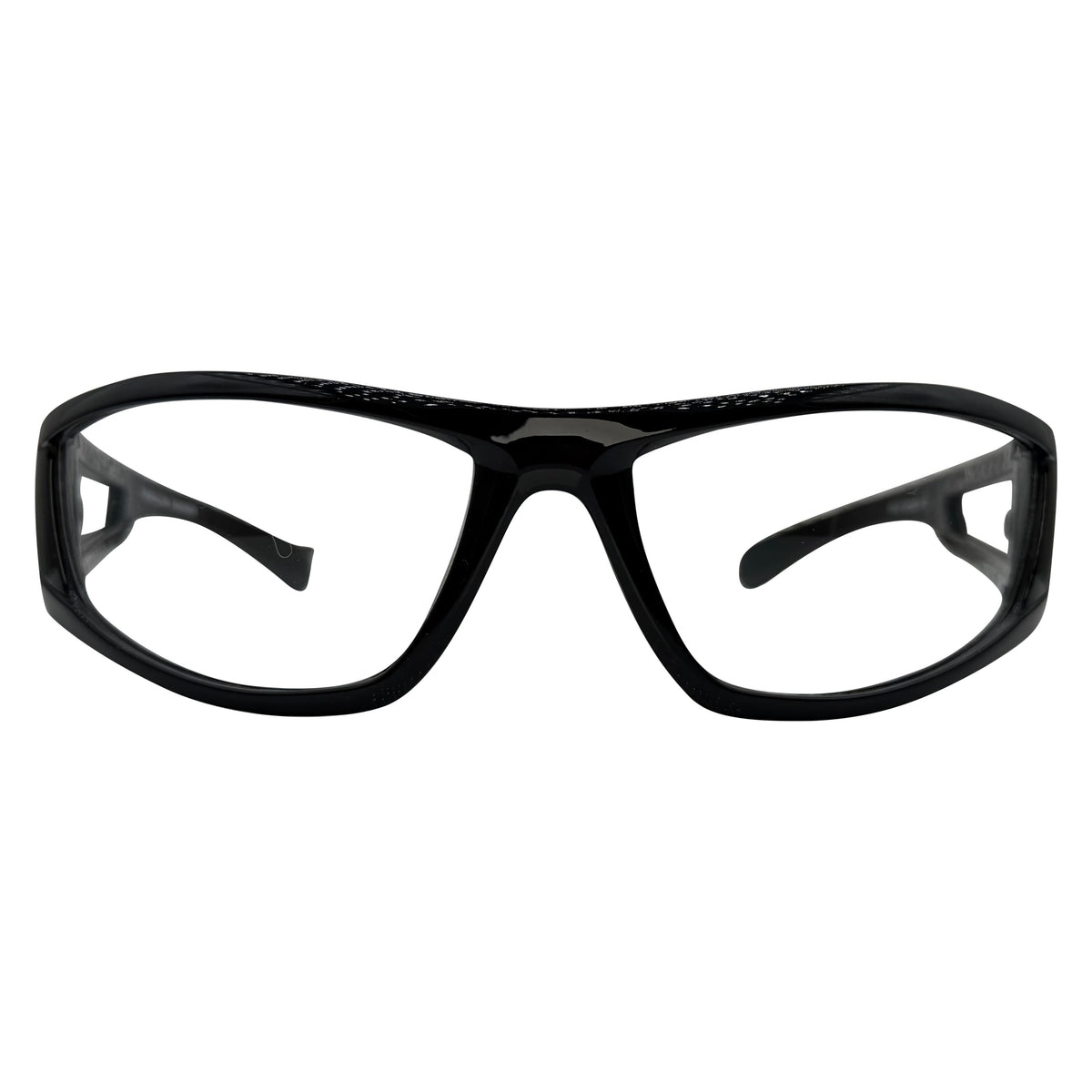 Black wrap-around safety glasses with clear lenses, shown from the front on a solid white background.