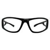 Black wrap-around safety glasses with clear lenses, shown from the front on a solid white background.