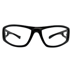 Black wrap-around safety glasses with clear lenses, shown from the front on a solid white background.